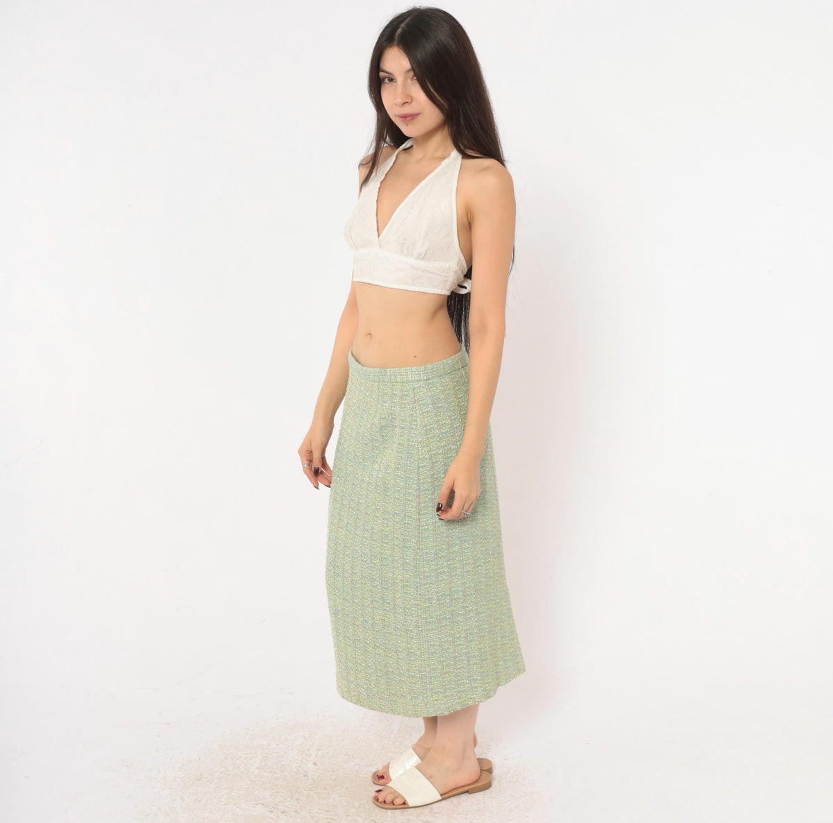 Y2K Green Tweed Midi Skirt Henry Lee Boucle High Waist Pencil Medium M