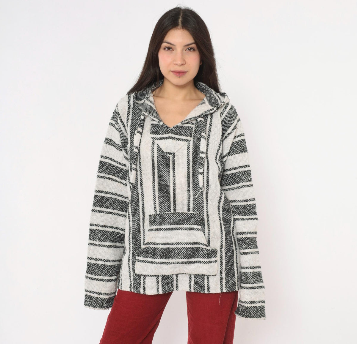 90s Baja Hoodie Black White Striped Woven Pullover Kangaroo Pocket Large L