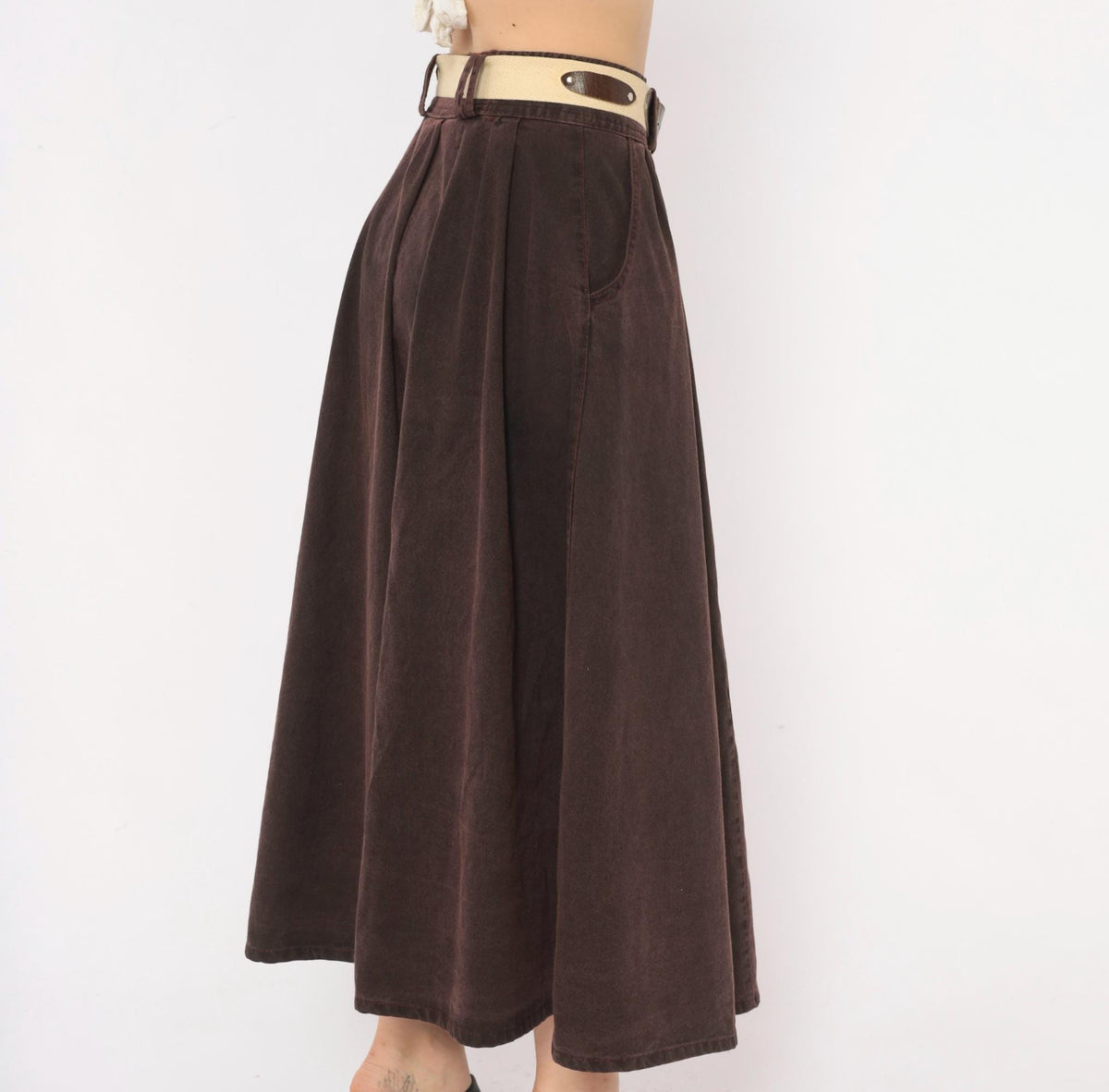 80s Burgundy Cotton Skirt Button Front A-Line High Waist Pockets Small S