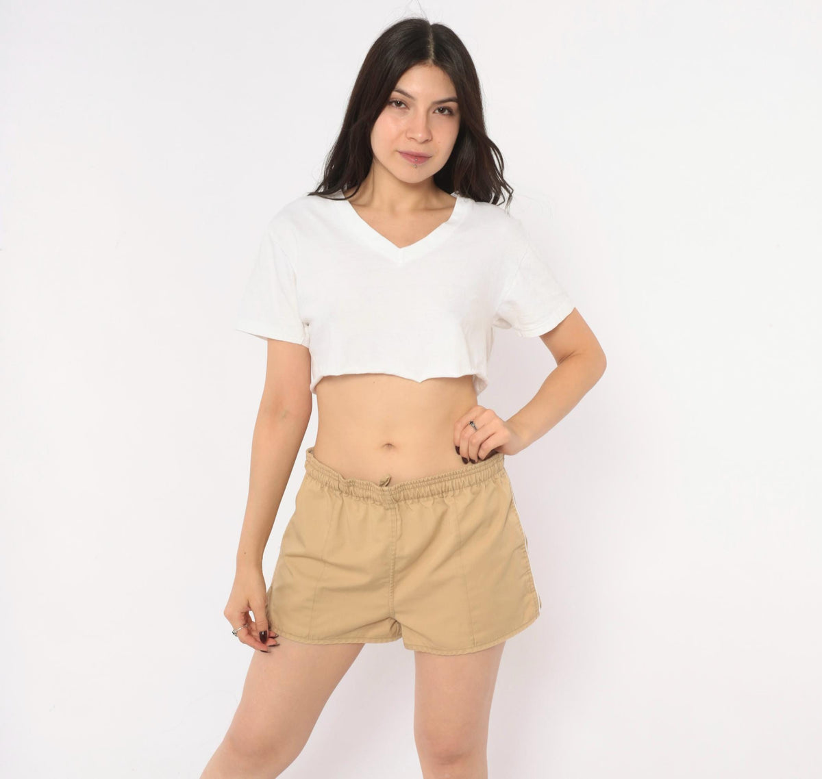 80s Cest. Joli Tan Running Shorts White Piping Dolphin Hem Medium