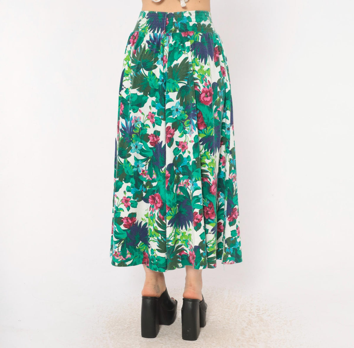90s Dennis Goldsmith Tropical Floral Skirt Green Teal Pink Cotton Blend XS
