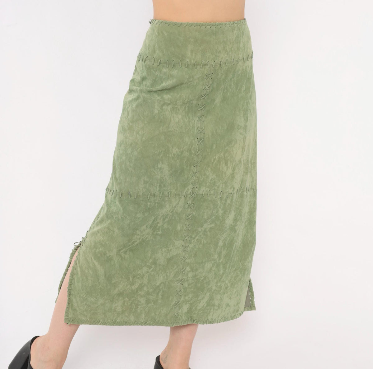Y2K Mint Green Faux Suede Skirt Canyon Road Whipstitch Knee Length Extra Large