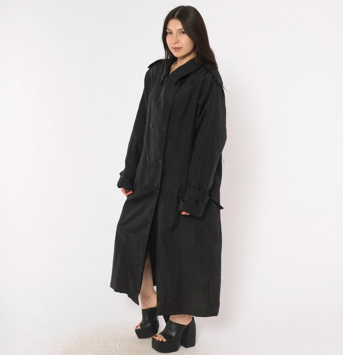 90s Jennifer Chase Black Trench Coat Double Breasted Collared Duster Extra Large XL