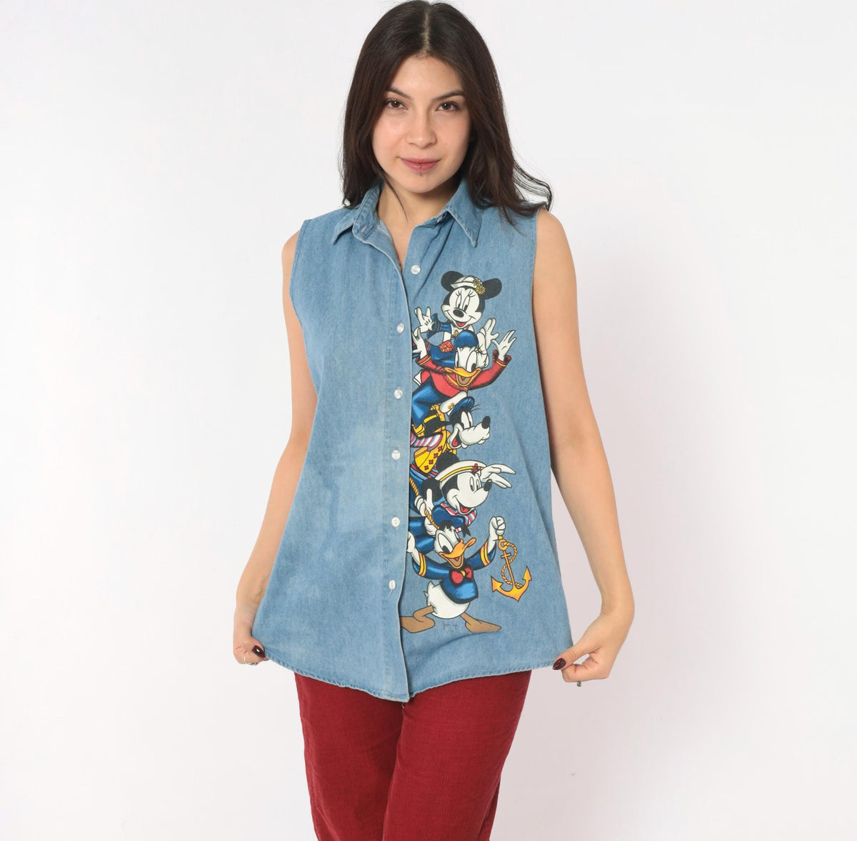 90s Mickey Unlimited Disney Denim Sleeveless Shirt Blue Chambray Medium M