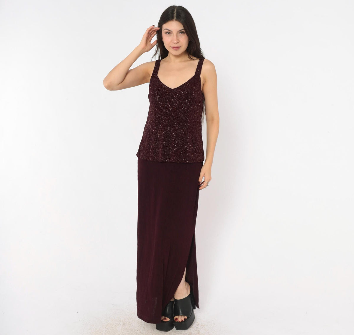 90s R&M Richards Burgundy Glitter Maxi Dress V-Neck Sleeveless Medium