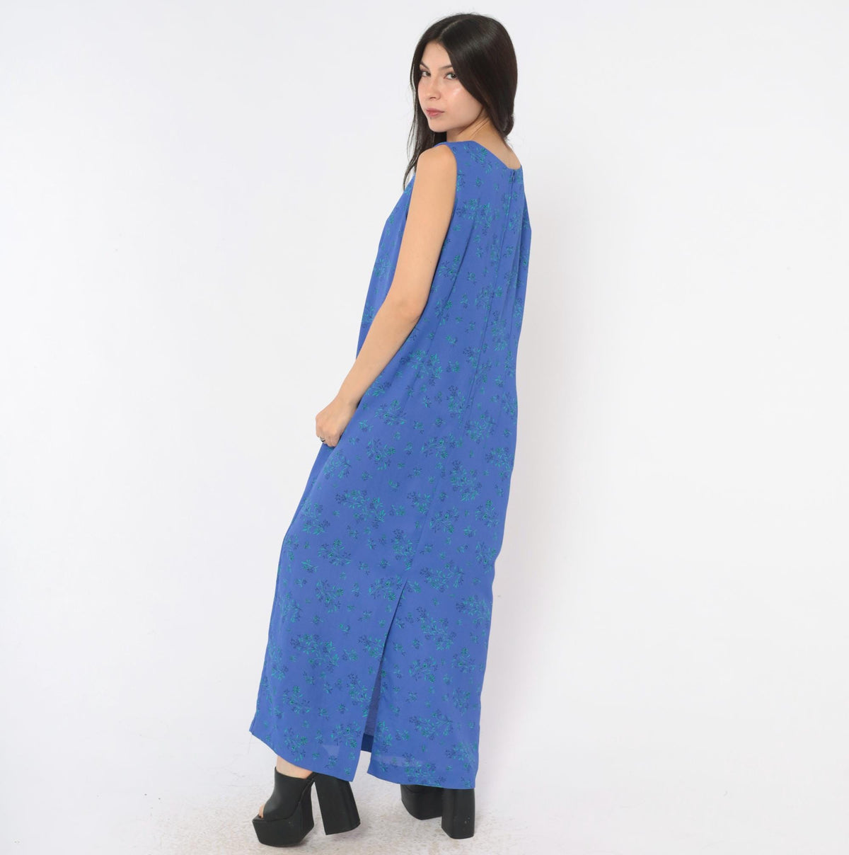 90s Leslie Fay Blue Floral Maxi Dress Sleeveless Scoop Neck Large L
