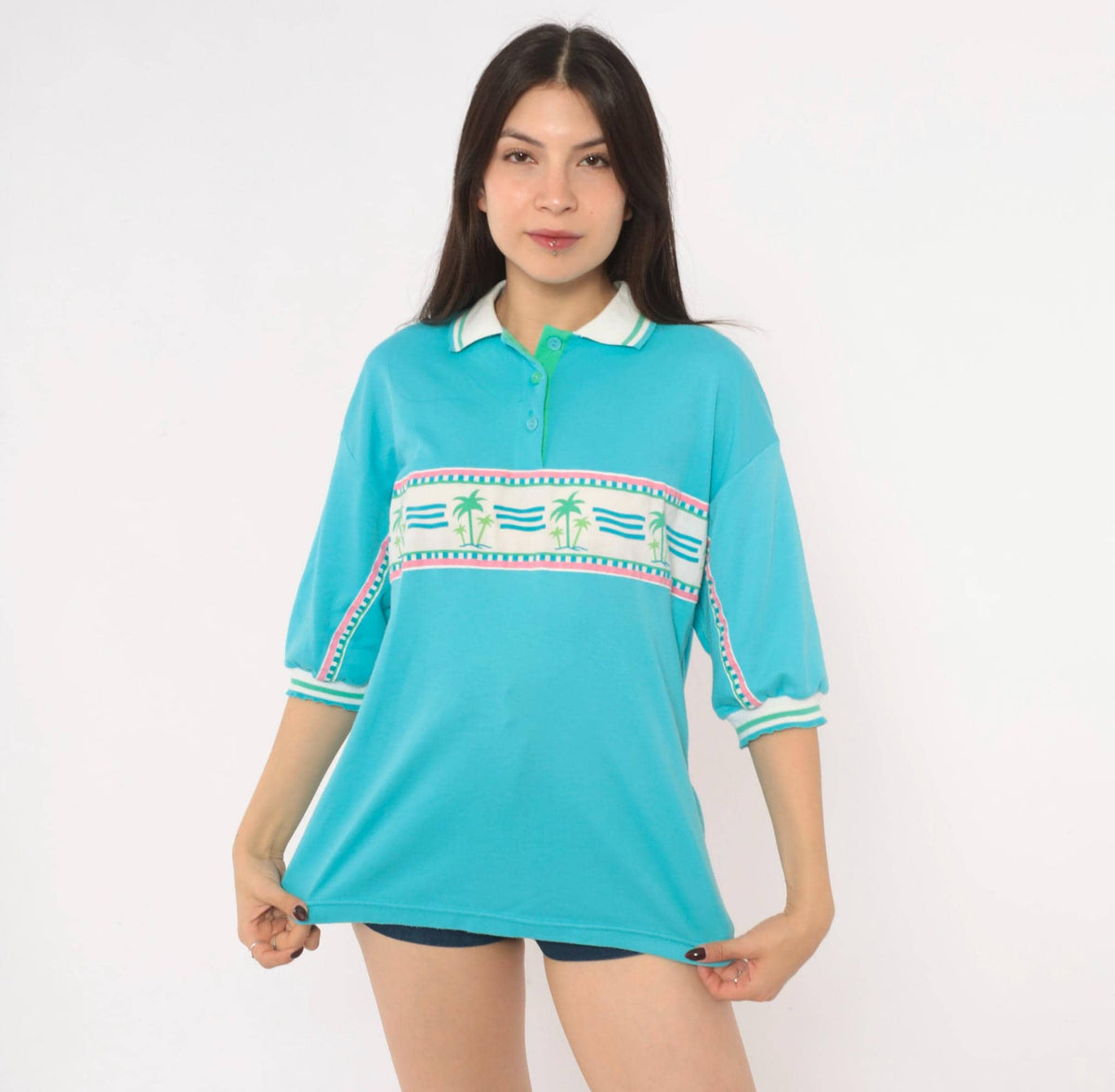 90s Pykettes Palm Tree Polo Shirt Turquoise Three Quarter Sleeve Medium