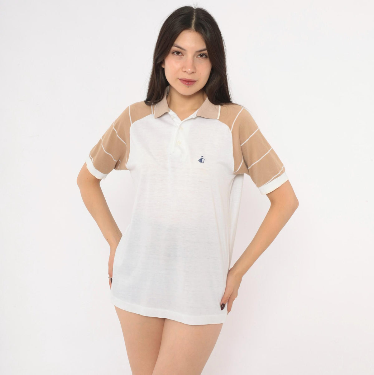 80s Colorblock Polo Shirt Raglan Striped White Tan Knit Medium