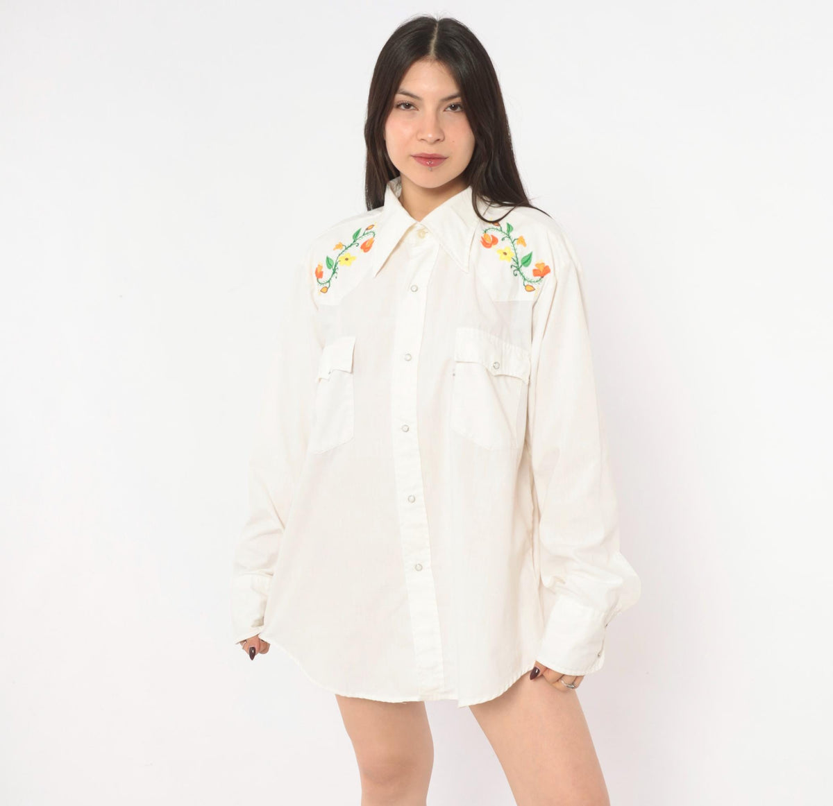 70s Levi's Western Shirt Floral Embroidered Yoke White Pearl Snap Large