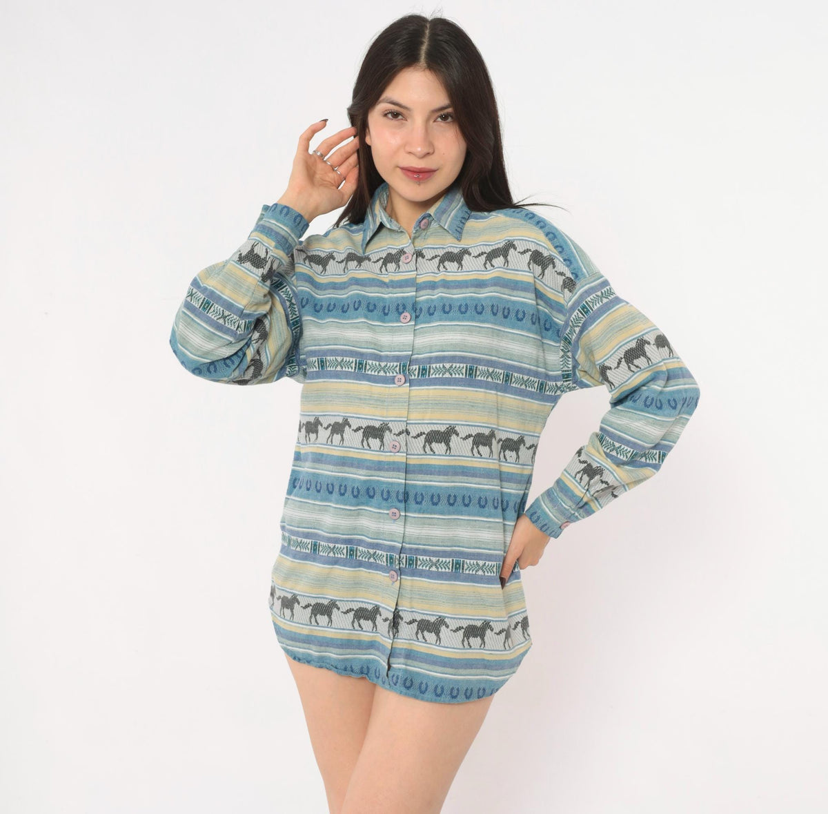 90s CM Company Horse Print Western Shirt Blue Cream Striped Cotton Small