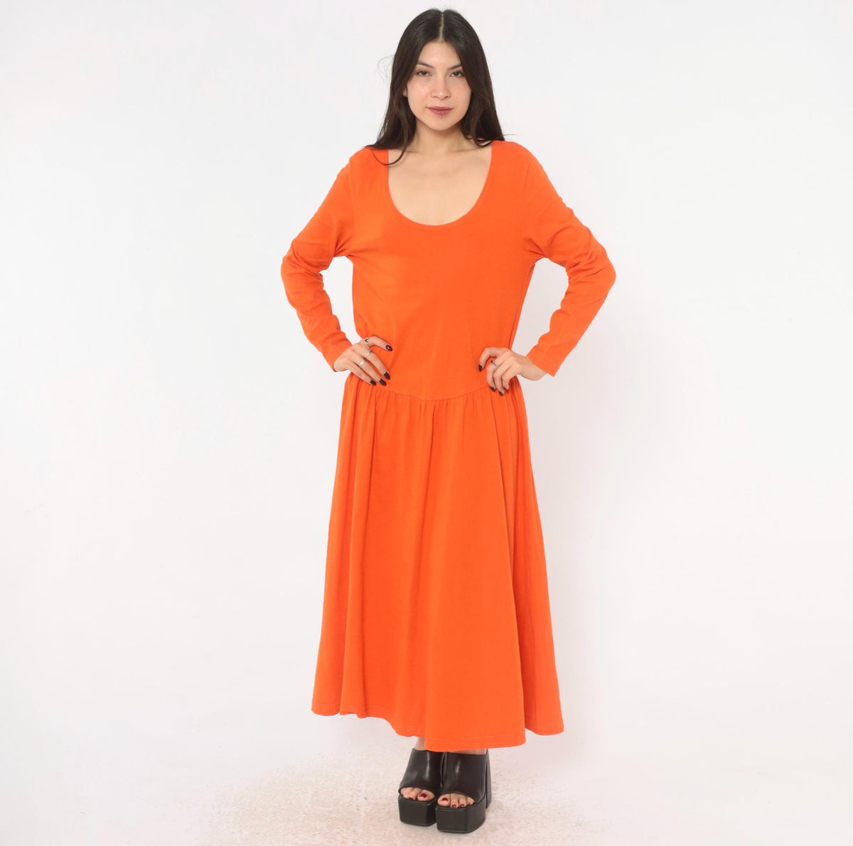 90s Oakbrook Sport Orange Cotton Dress Drop Waist Long Sleeve Medium