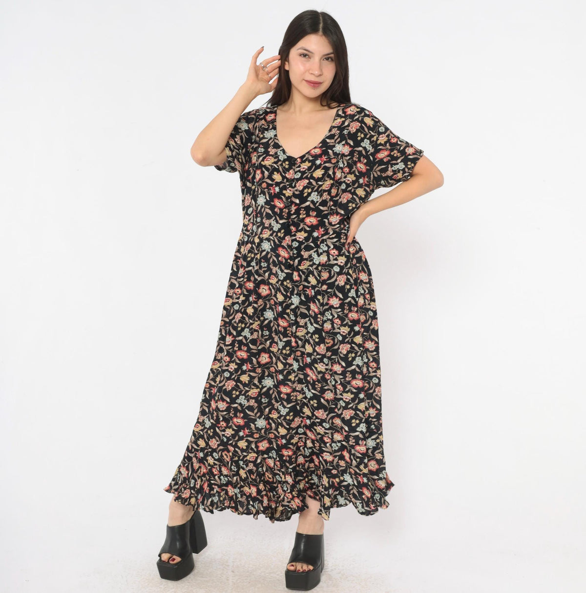 90s Contempo Casuals Black Floral Midi Dress Button Front V Neck Large L