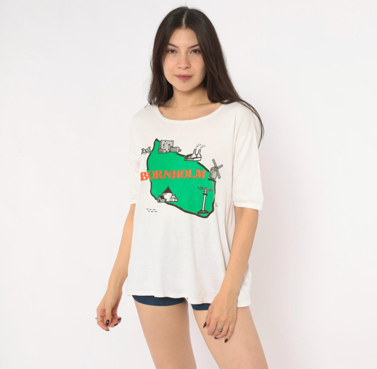 80s Bornholm Denmark Souvenir Tee White Cotton Map Graphic Large L