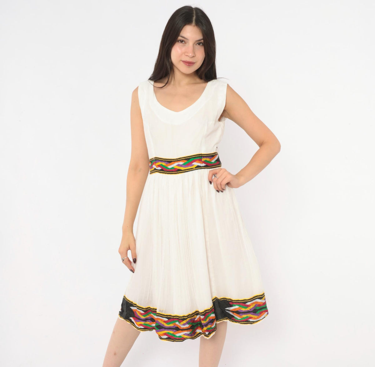 90s White Gauze Knee-Length Dress Ethiopian Habesha Embroidered Tibeb Multicolor Medium