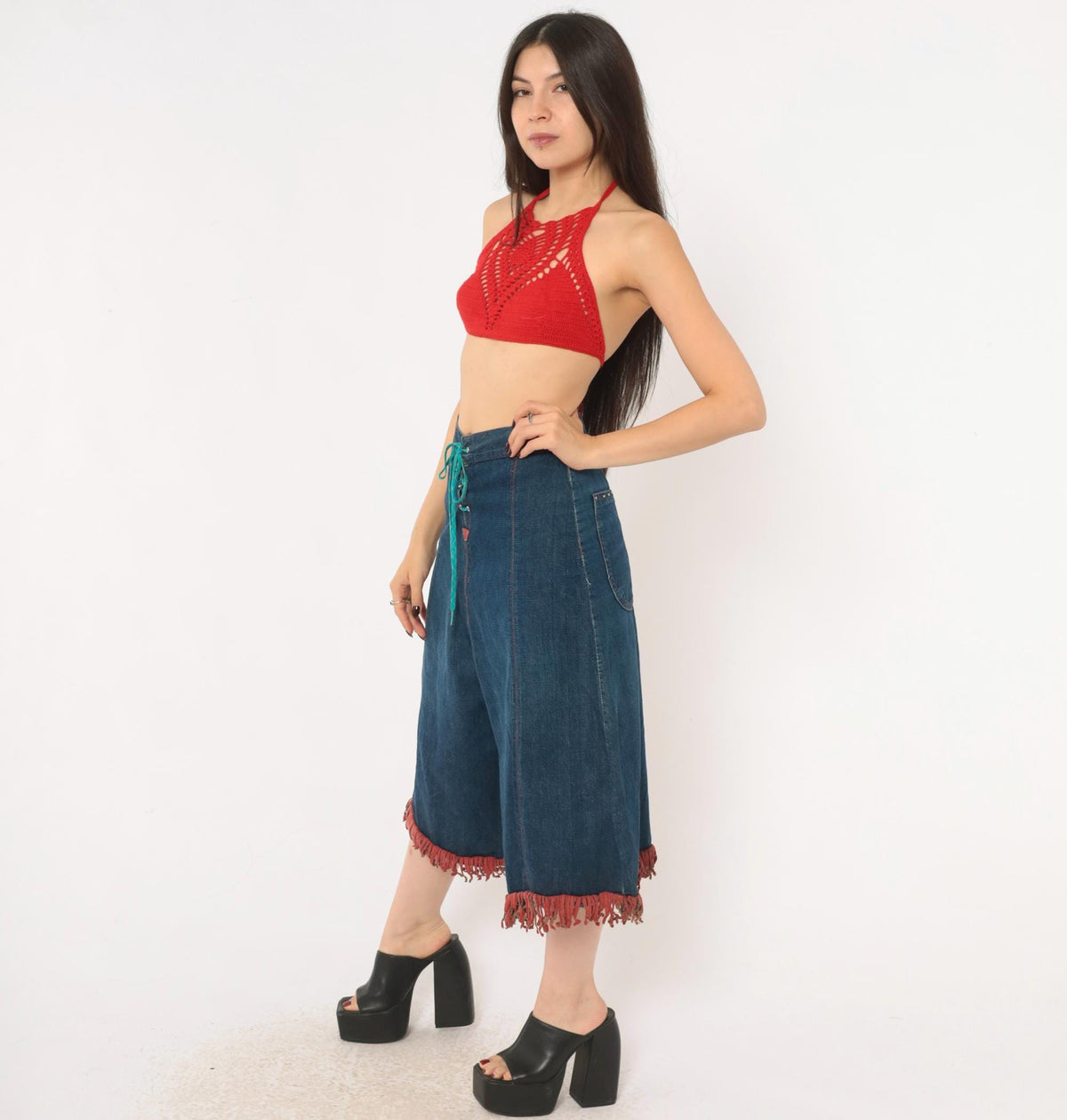 80s Blue Denim Wide Leg Shorts Red Fringe Lace Up Front Studded Medium M