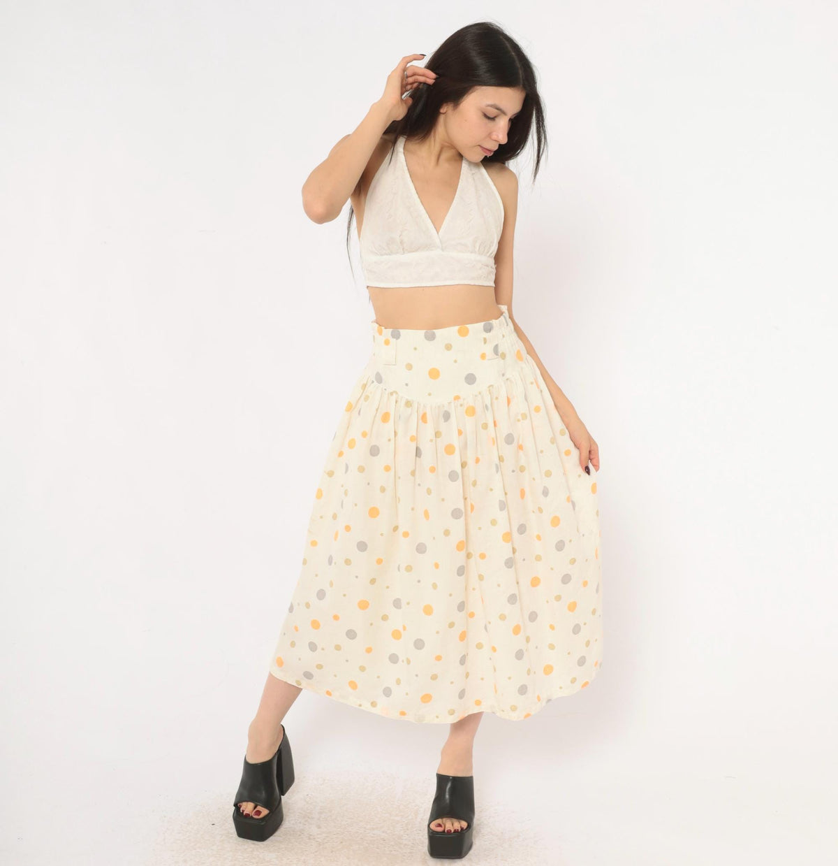 90s Polka Dot Midi Skirt Cream Orange Gray Cotton Gathered High Waist Medium