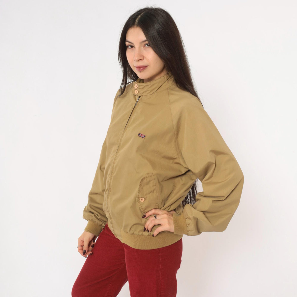 80s Brittania Harrington Jacket Beige Cotton Raglan Stand Collar Medium
