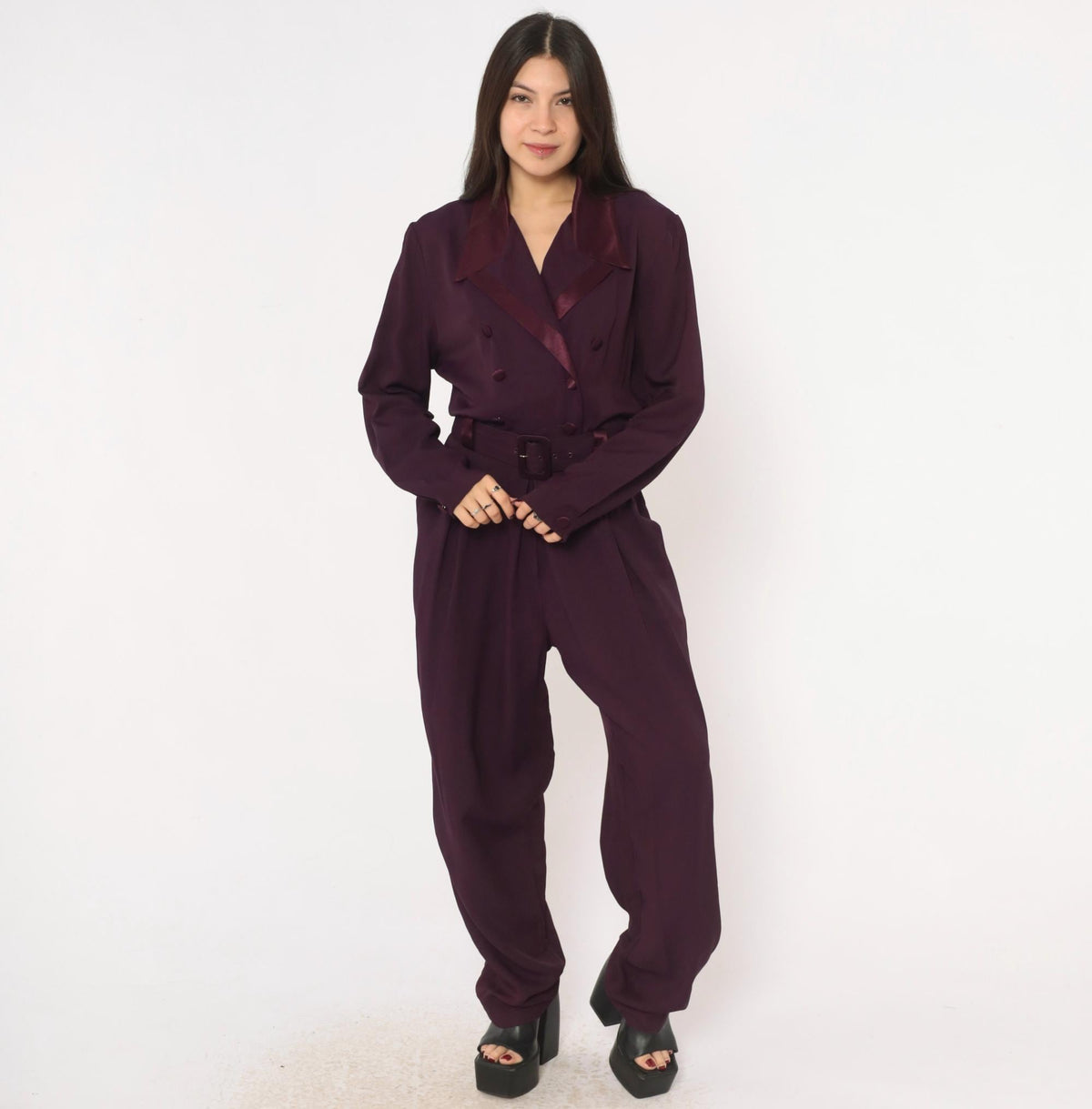 80s Studio I Plum Jumpsuit Double Breasted Satin Collar Belted Small
