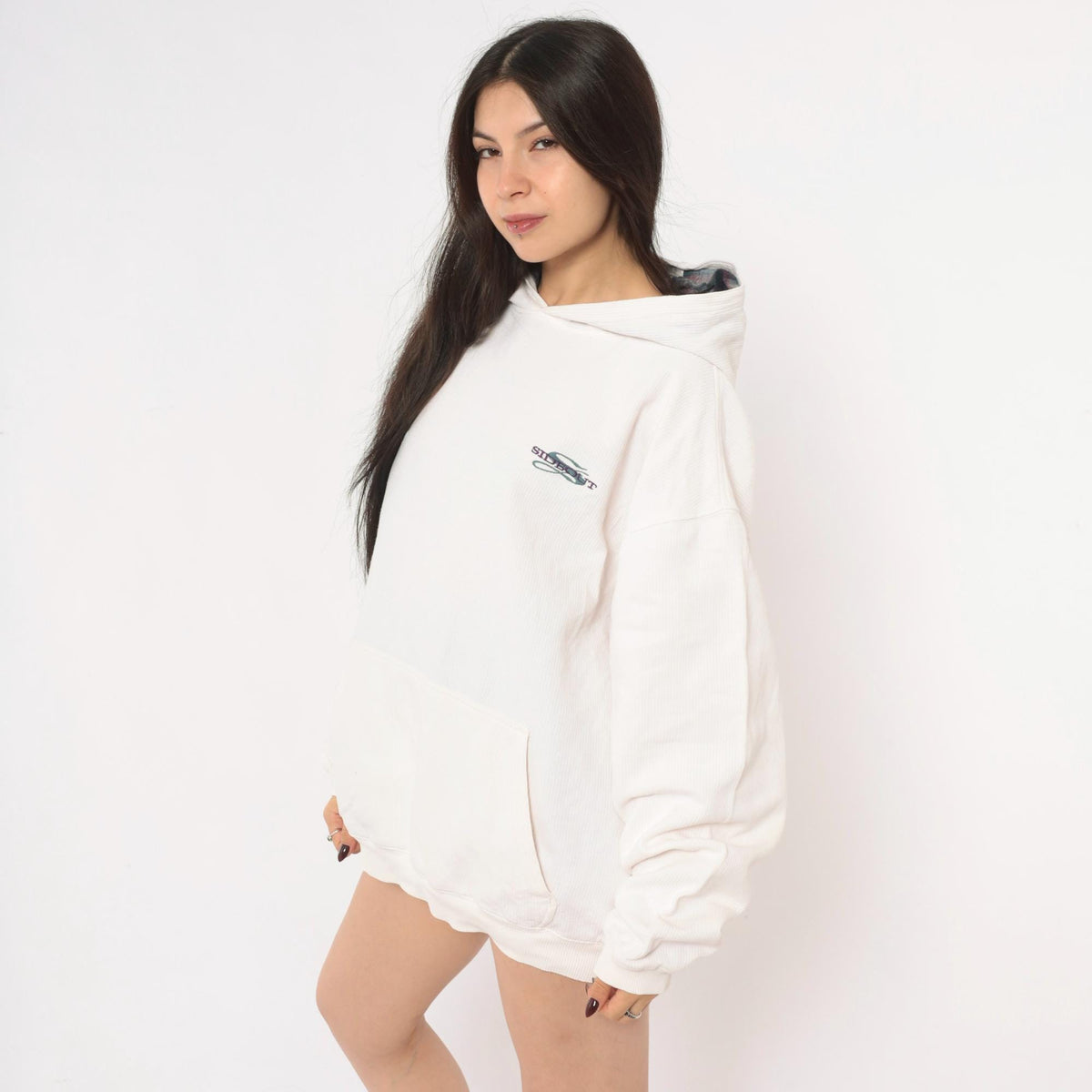 90s Side Out Hoodie Cream Embroidered Logo Raglan Pullover Extra Large XL