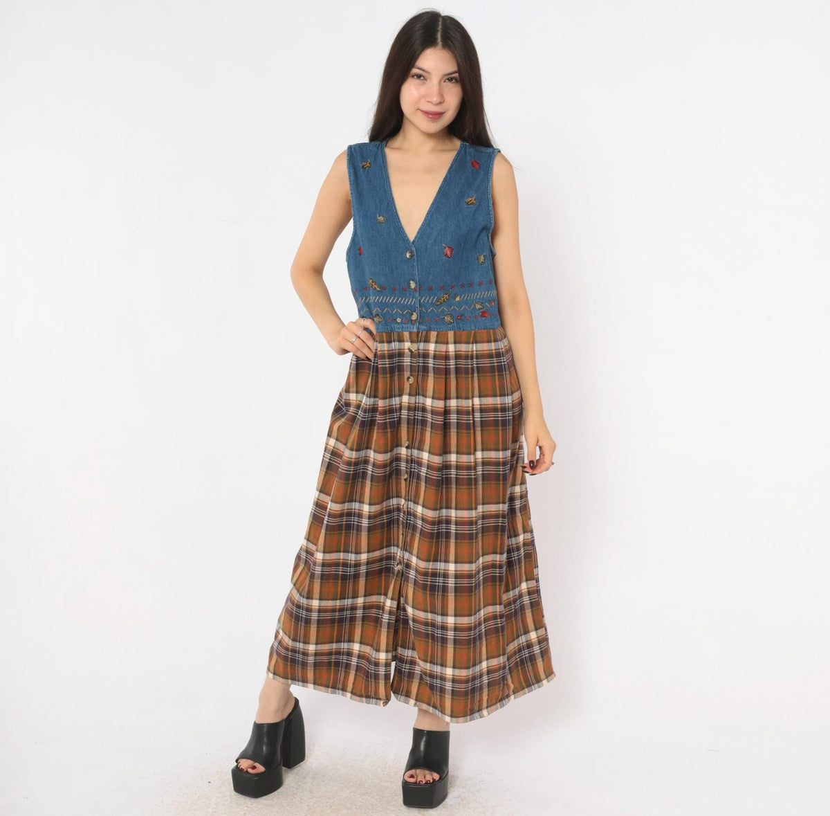 90s Casey&Max Denim Plaid Midi Dress Embroidered Leaves V Neck Large