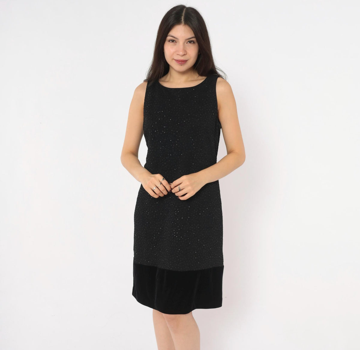 90s Jessica Howard Black Glitter Dress Velvet Trim V Back Knee Length Medium M