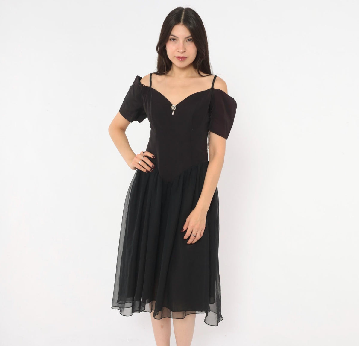90s Nite Scarlett Black Midi Dress Sweetheart Neckline Puff Sleeve Small