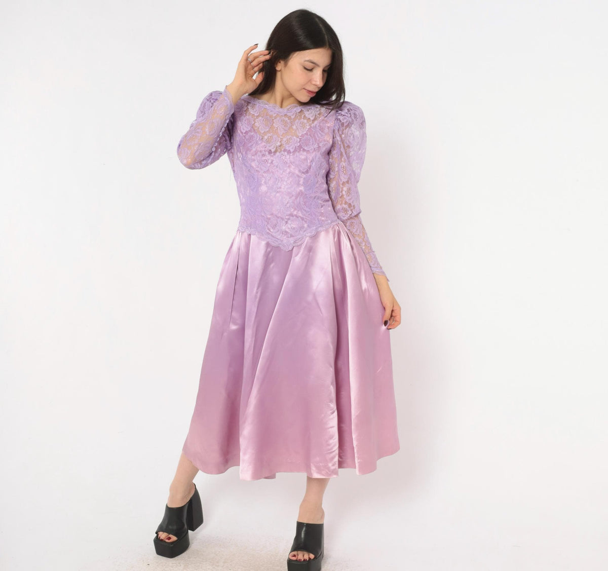 80s Lavender Lace Midi Dress Puff Sleeve Satin Purple V Neck Small