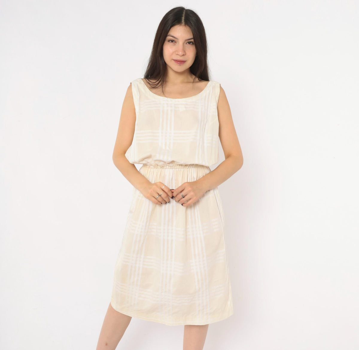 80s Cream Plaid Sleeveless Sundress Scoop Neck Blouson Waist Medium M