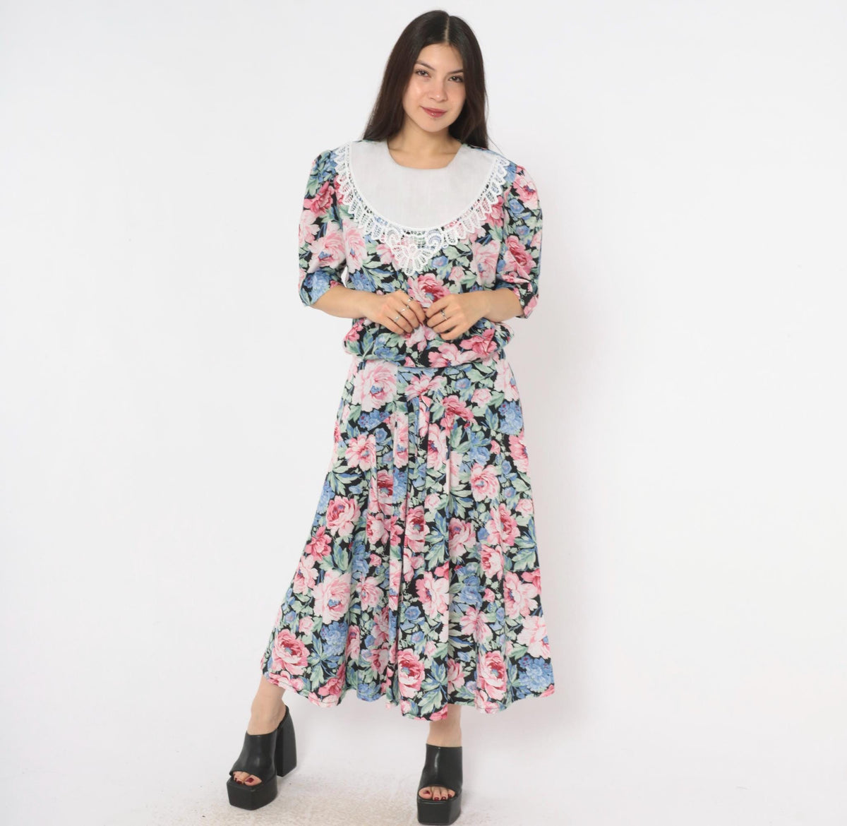 80s Floral Midi Dress Black Pink Rose Lace Collar Puff Sleeve Drop Waist Large L