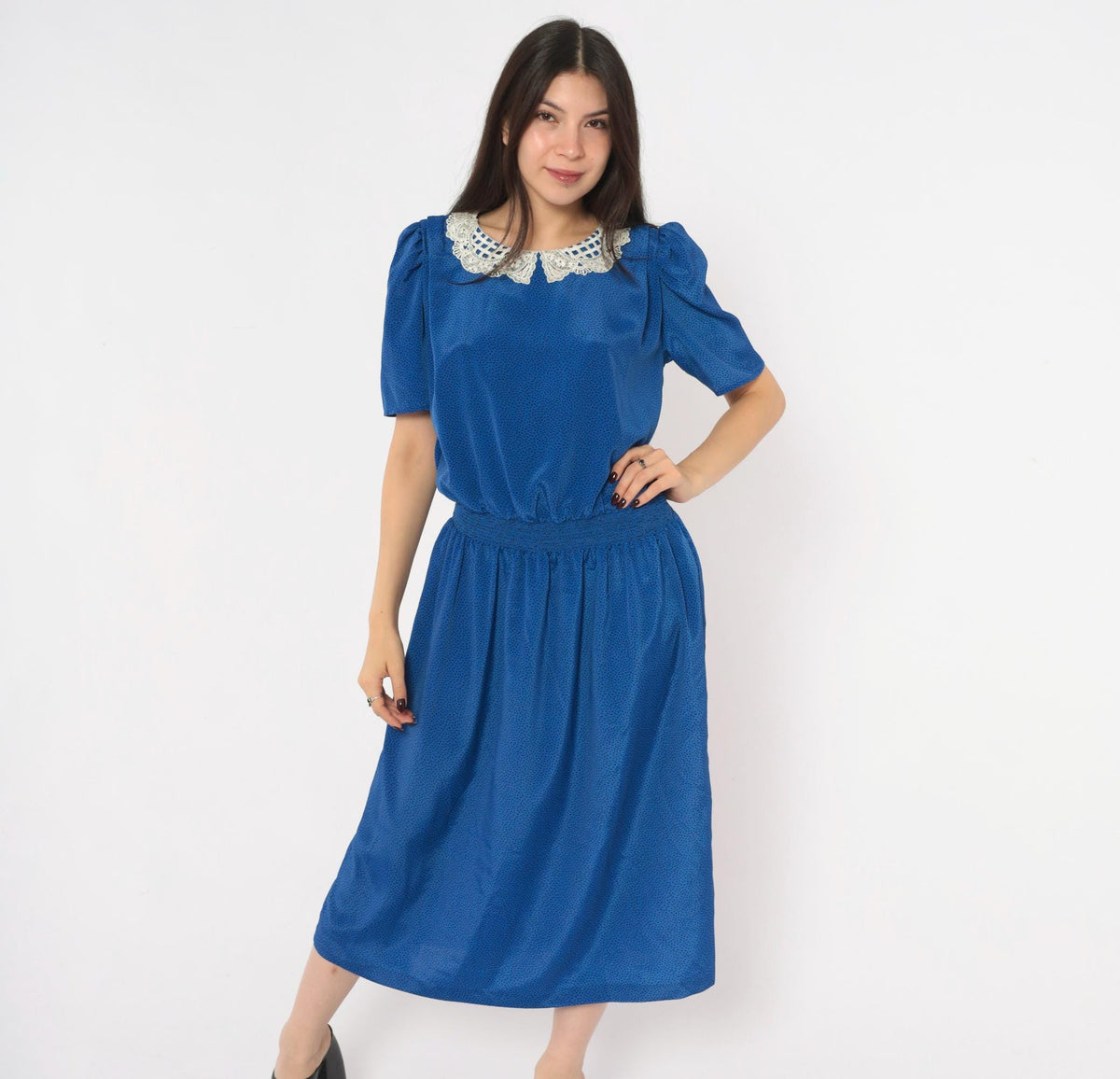 80s Stuart Alan Cobalt Midi Dress Lace Collar Puff Sleeve Dot Print Medium