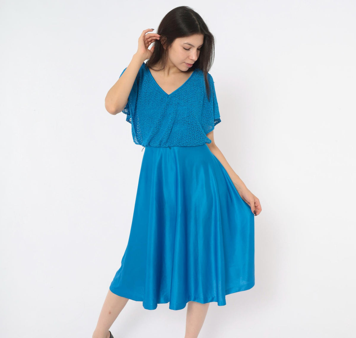 70s Cobalt Blue Crochet Knit Dress Flutter Sleeve V Neck Drop Waist Small