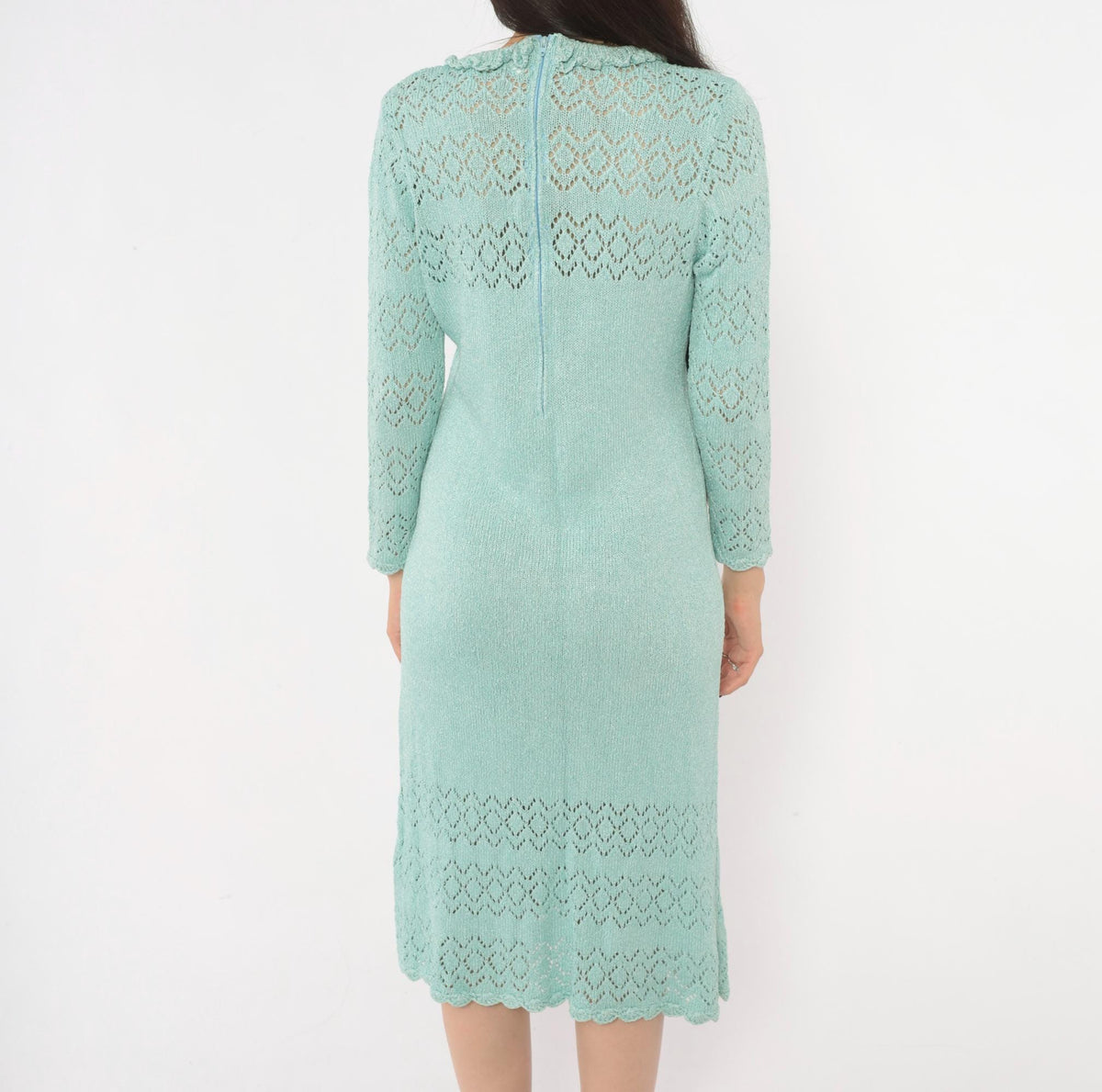 70s Seafoam Pointelle Knit Dress Cotton V-Neck Scalloped Long Sleeve Medium