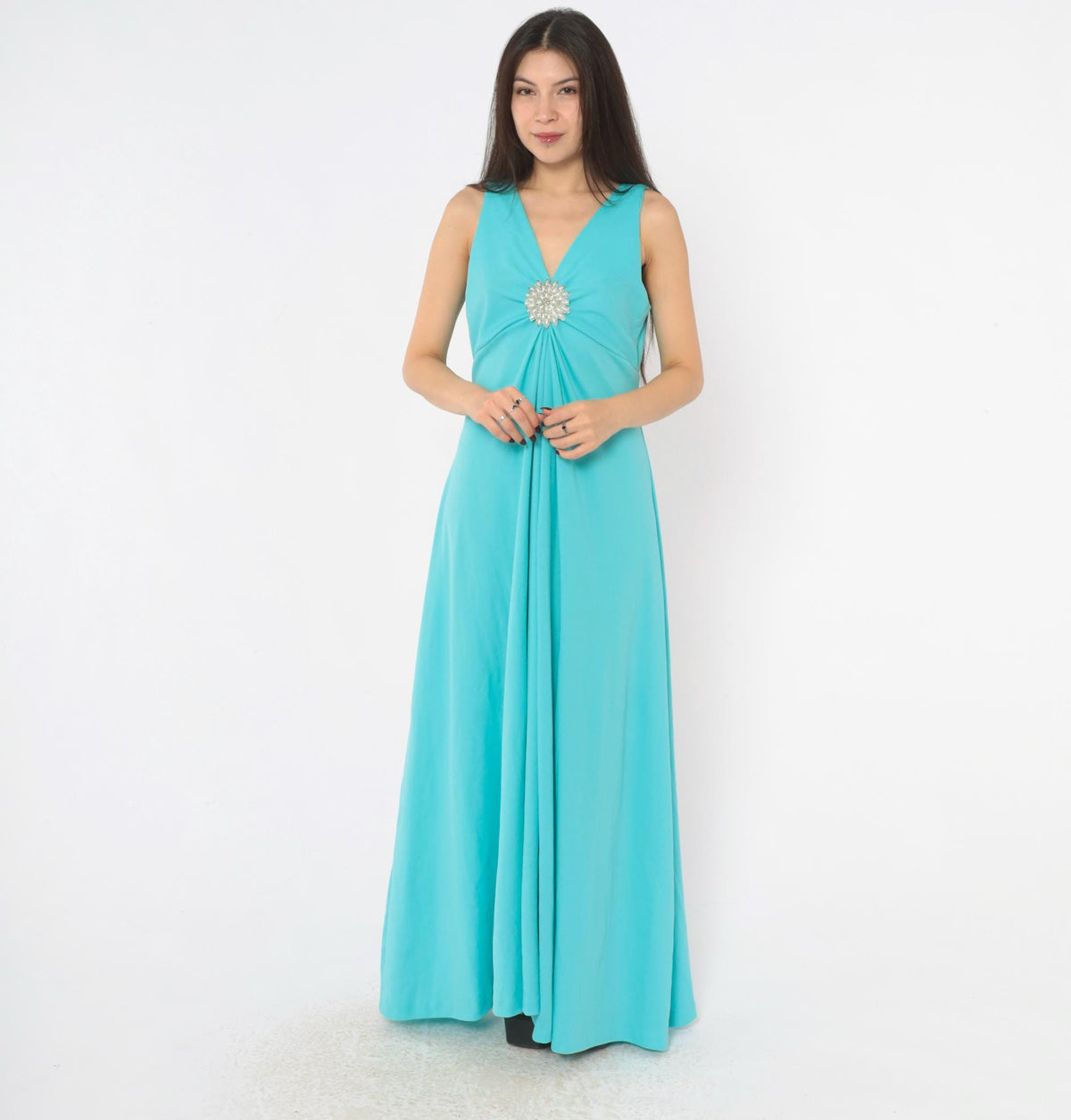 70s Turquoise Maxi Dress Deep V Neck Empire Waist Rhinestone Brooch Large L