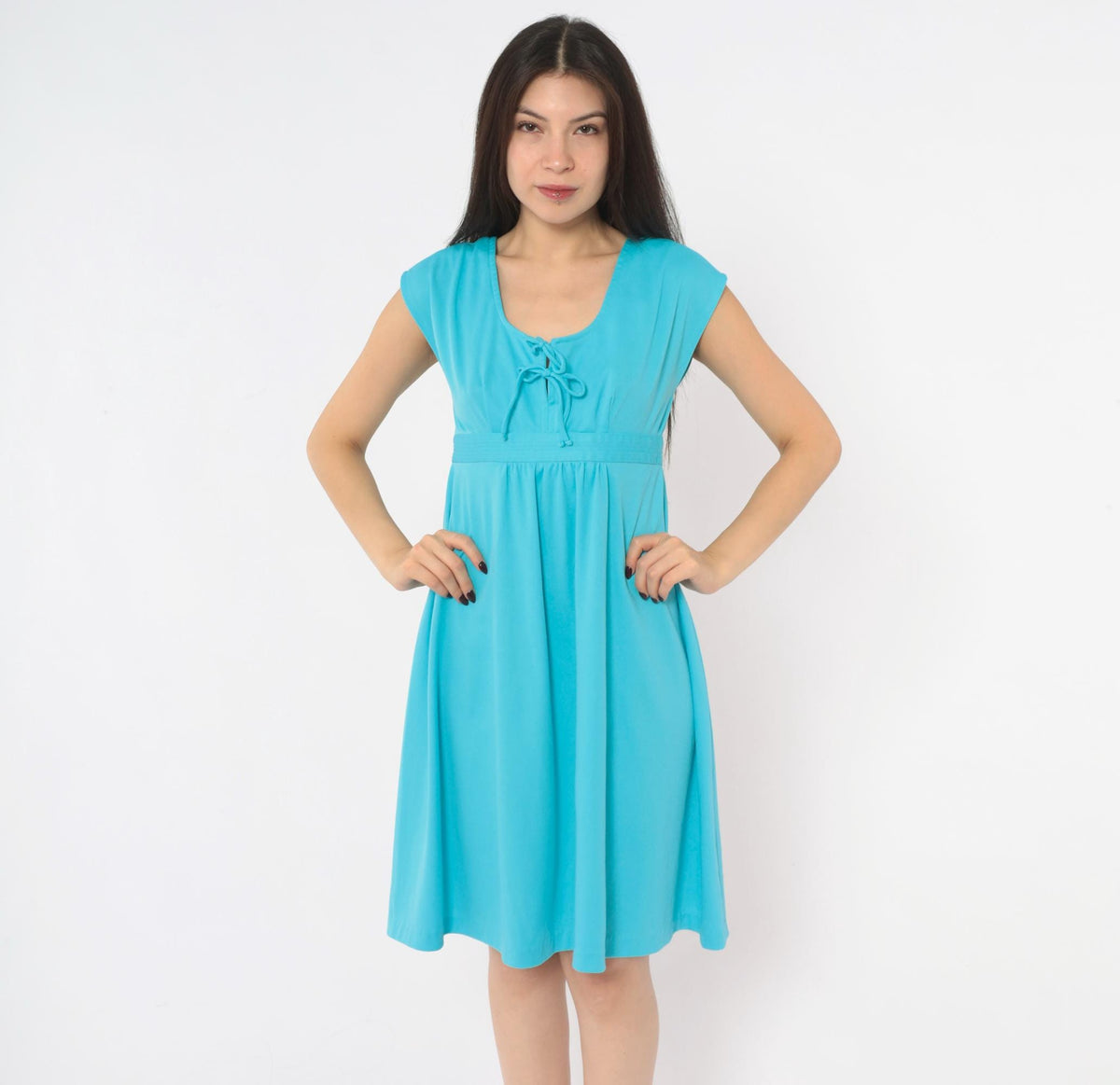 70s Teal Blue Knee-Length Dress Cap Sleeve Empire Waist Keyhole Tie Back Small