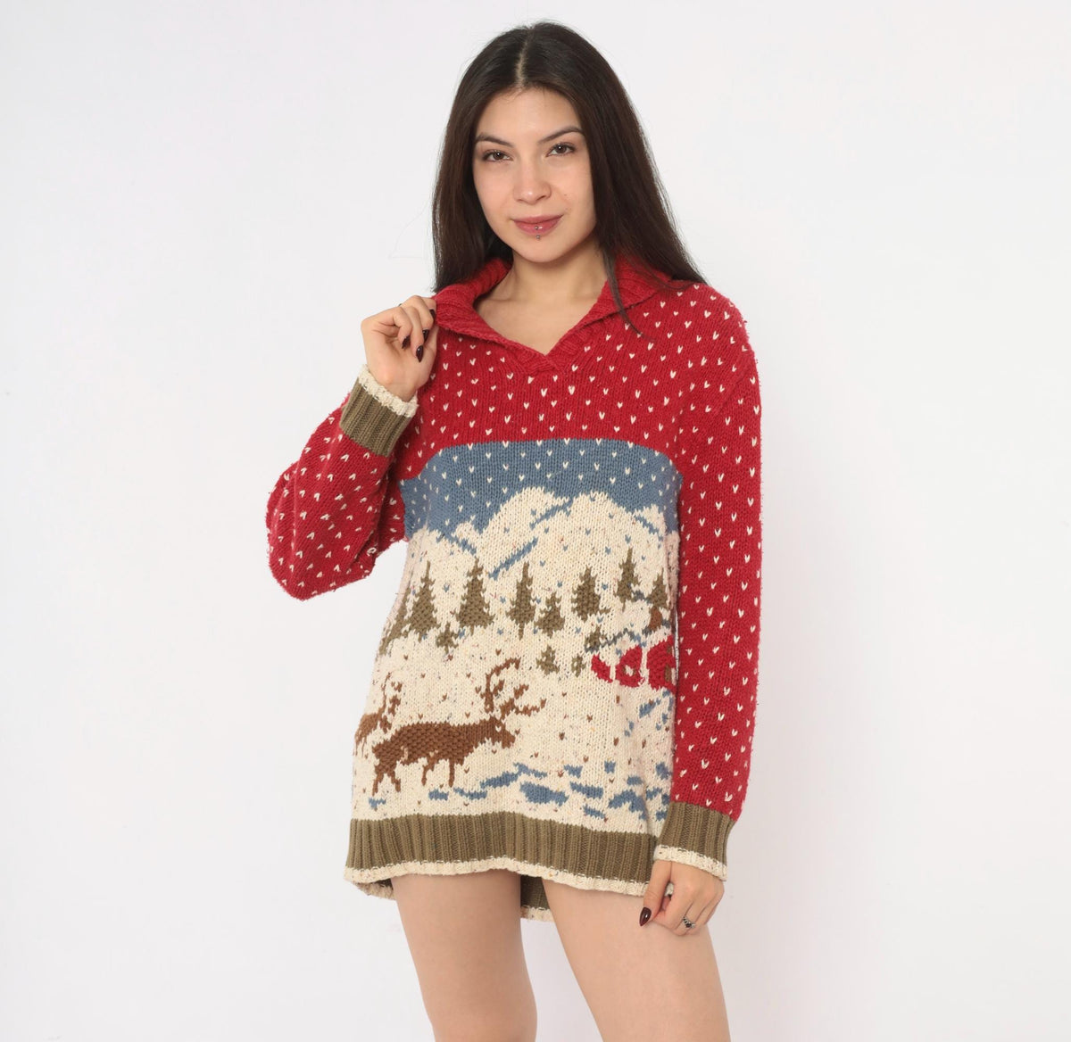 90s Liz Claiborne Hand Knit Reindeer Sweater Red Shawl Collar Small