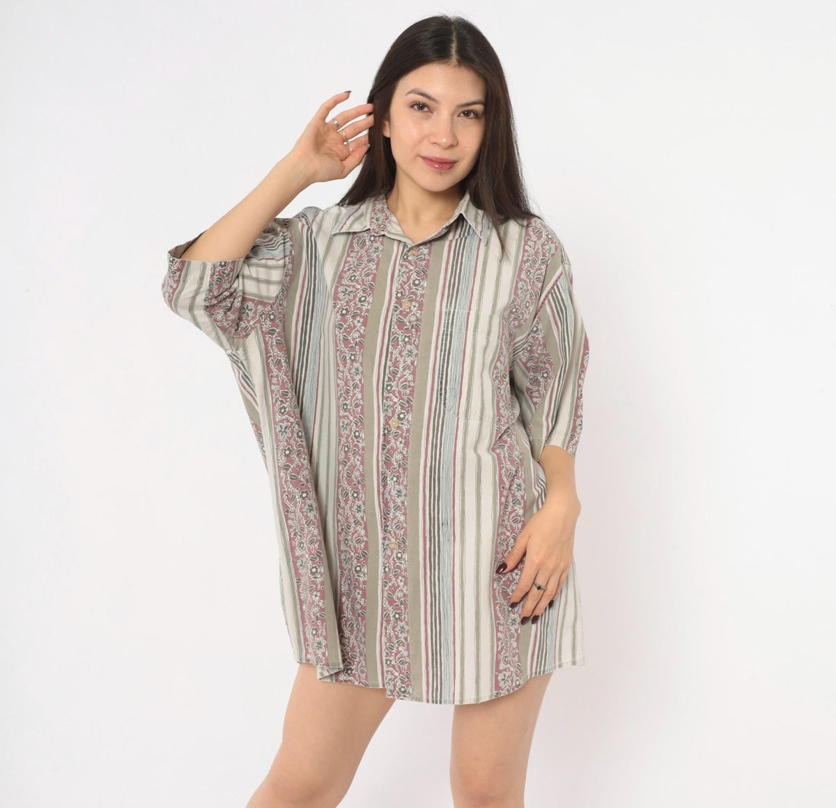 90s Key Elements Striped Floral Cotton Shirt Cream Rust Extra Large XXL