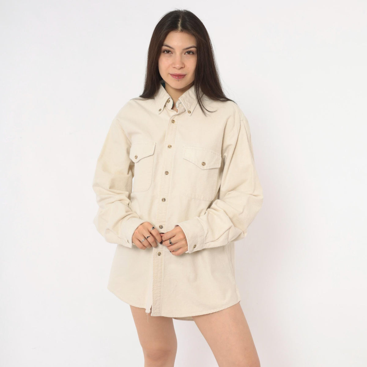 90s John Ashford Sport Cream Flannel Button Up Shirt Cotton Large
