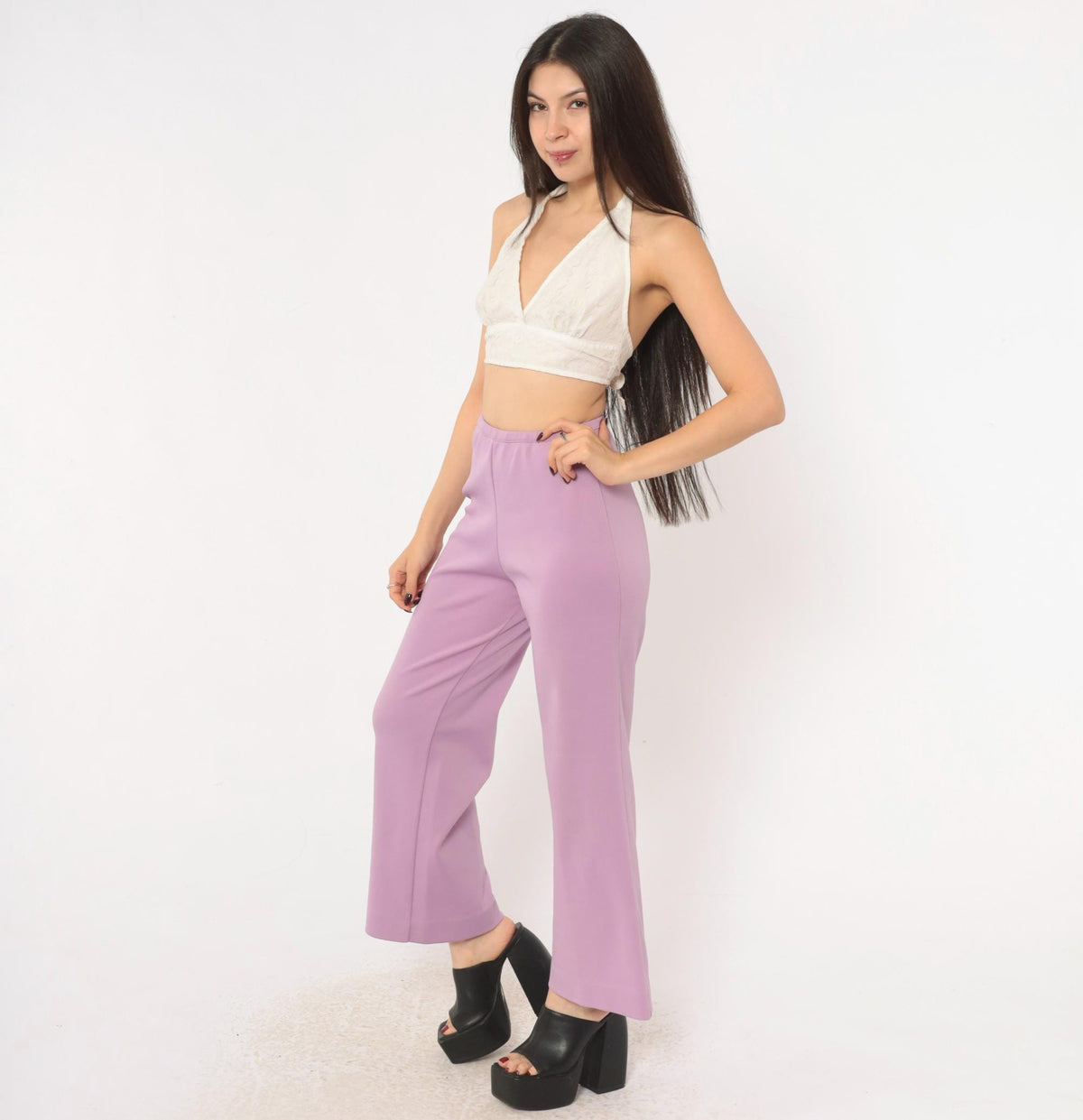 70s Lavender High-Waist Wide-Leg Flare Pants Pull-On Cropped Small