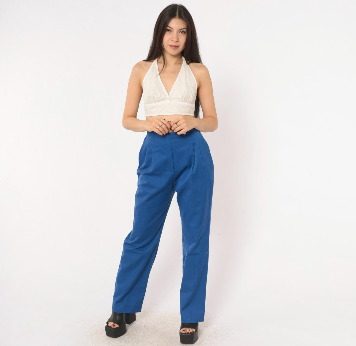 70s Evan-Picone Cobalt High-Waist Pleated Trousers Straight Leg Small S