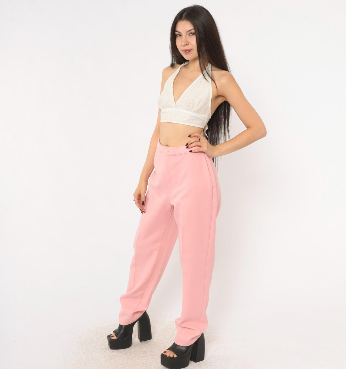 70s Bend Over Pink High-Waist Tapered Trousers Medium M
