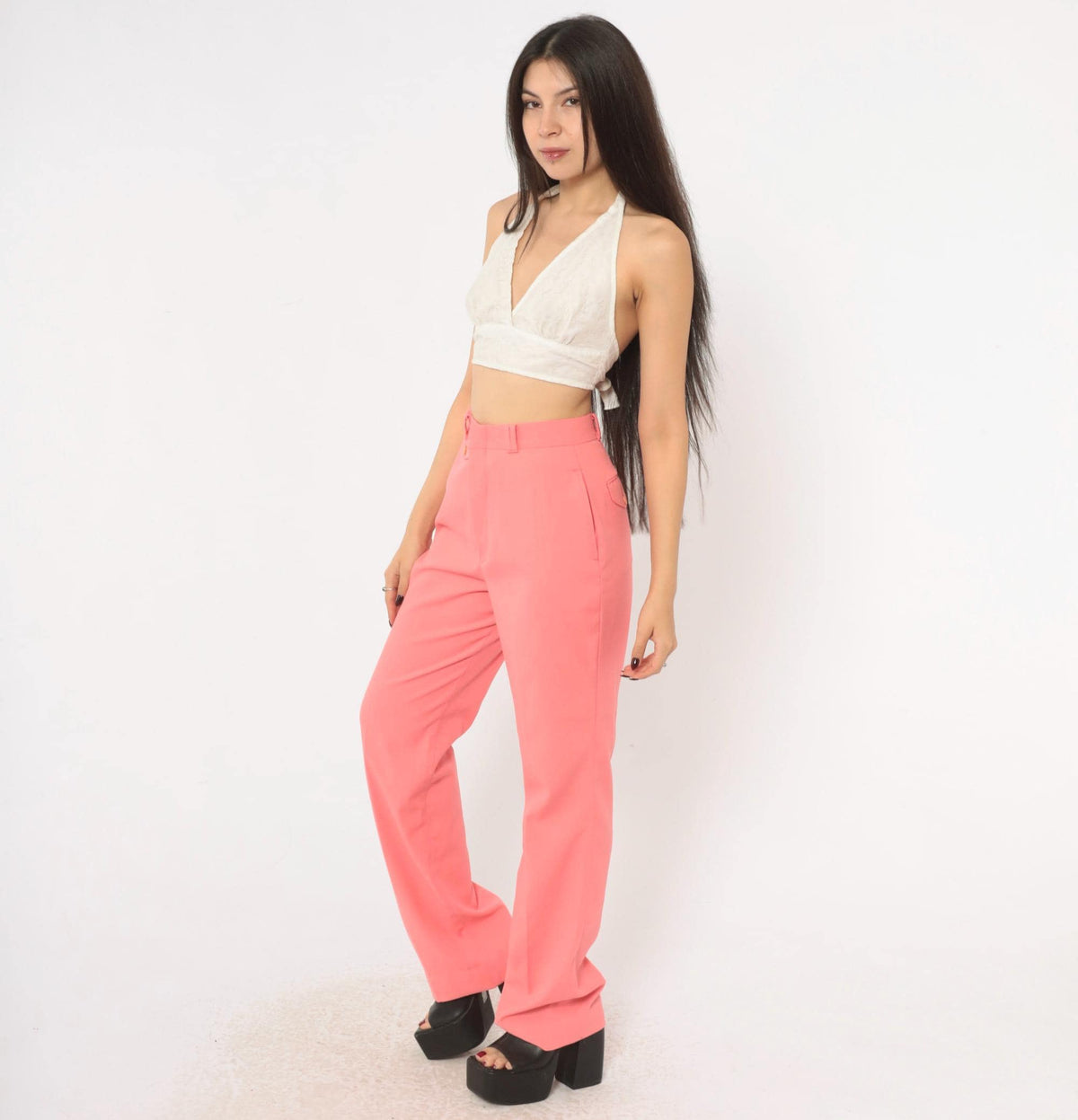 70s Funny Girl Peach High-Waist Straight Trousers Pleated Front Small
