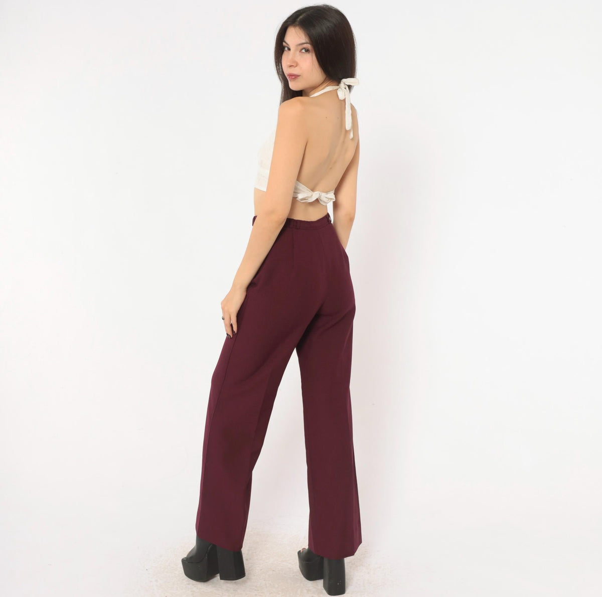 70s Panther Burgundy High-Waist Wide-Leg Trousers Disco Small S