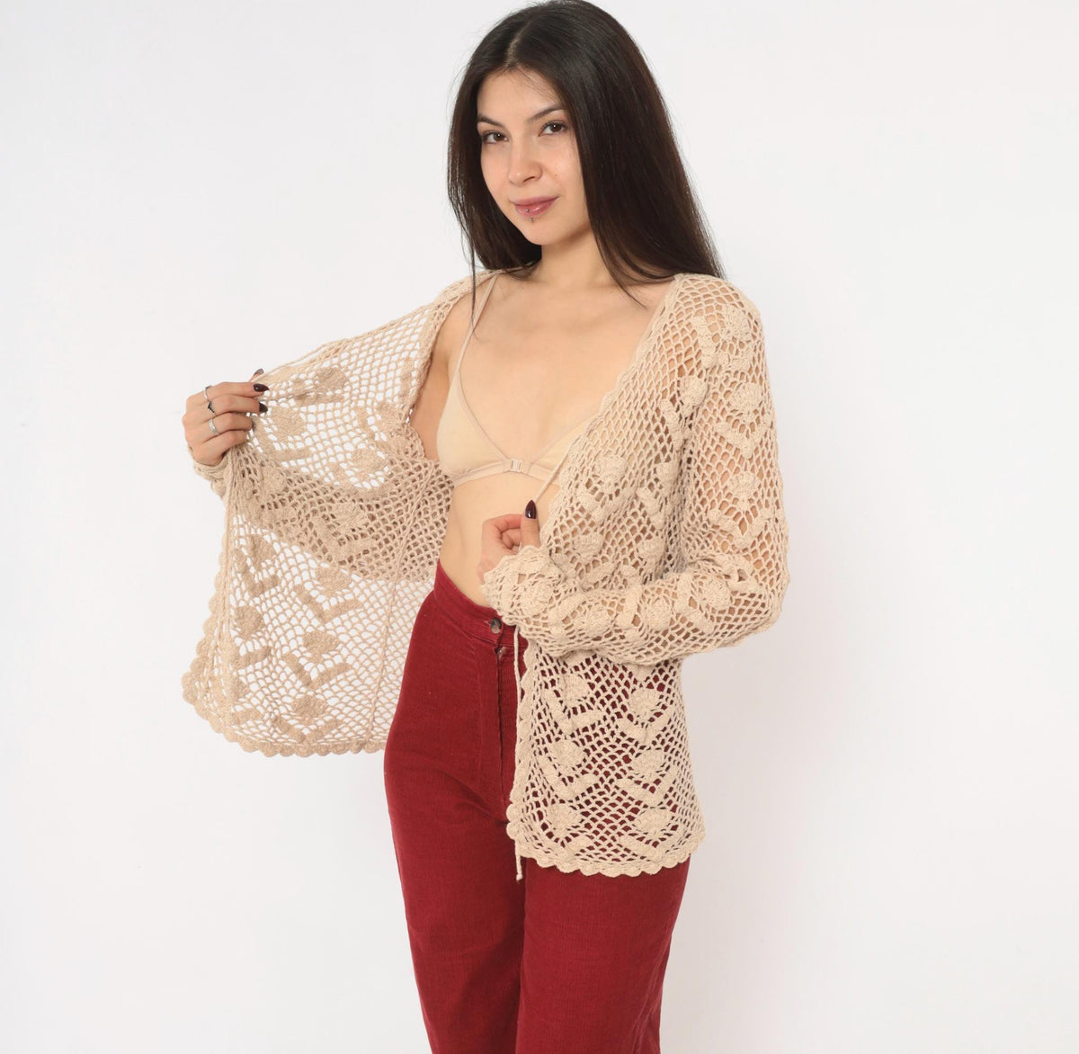 90s Beige Crochet Cardigan Floral Openwork Knit Small S