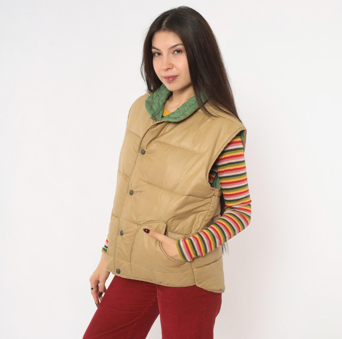 80s Aramis Devin Puffer Vest Tan Reversible Green Quilted Snap Medium