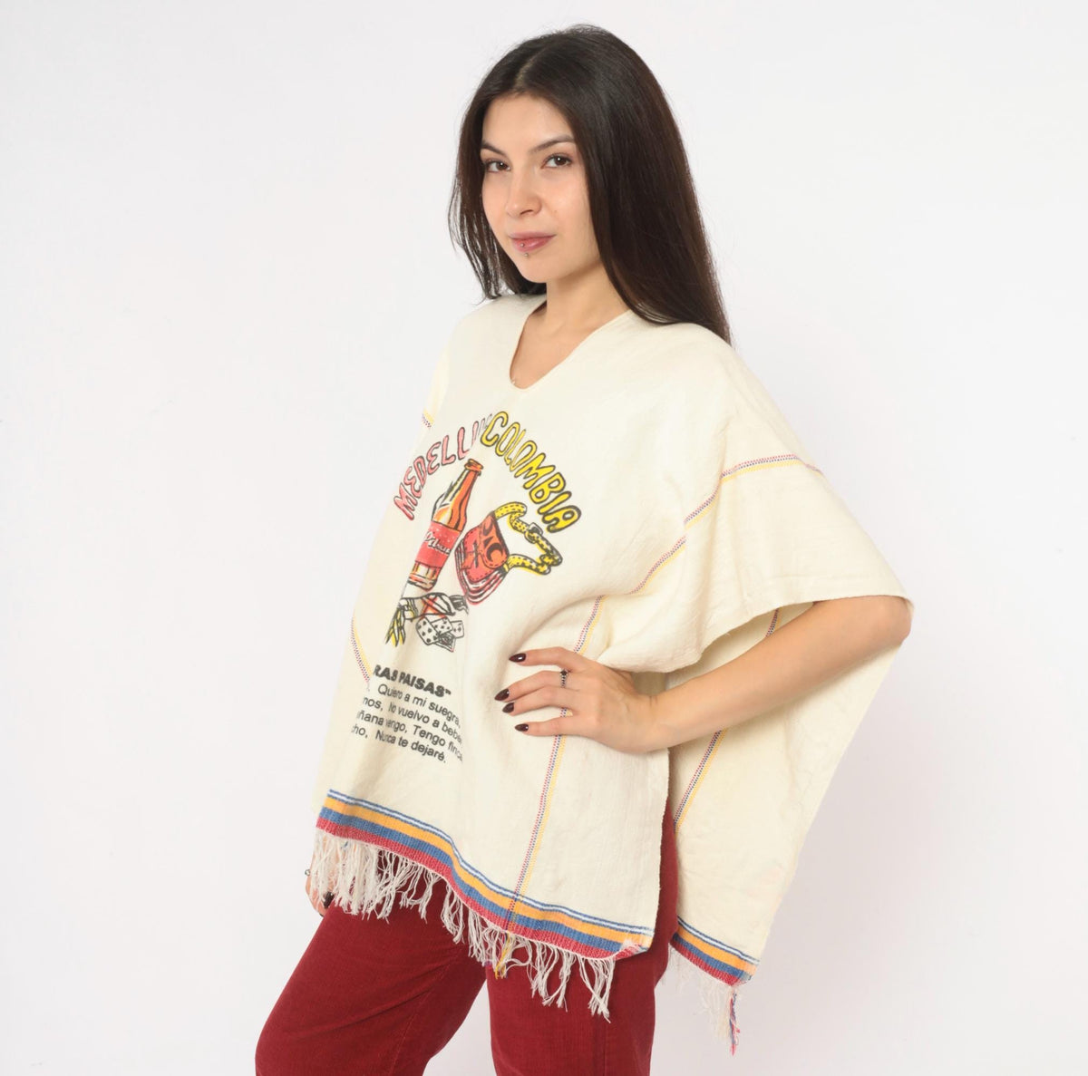 80s Medellin Colombia Souvenir Poncho Cream Cotton Graphic V Neck Fringe One Size