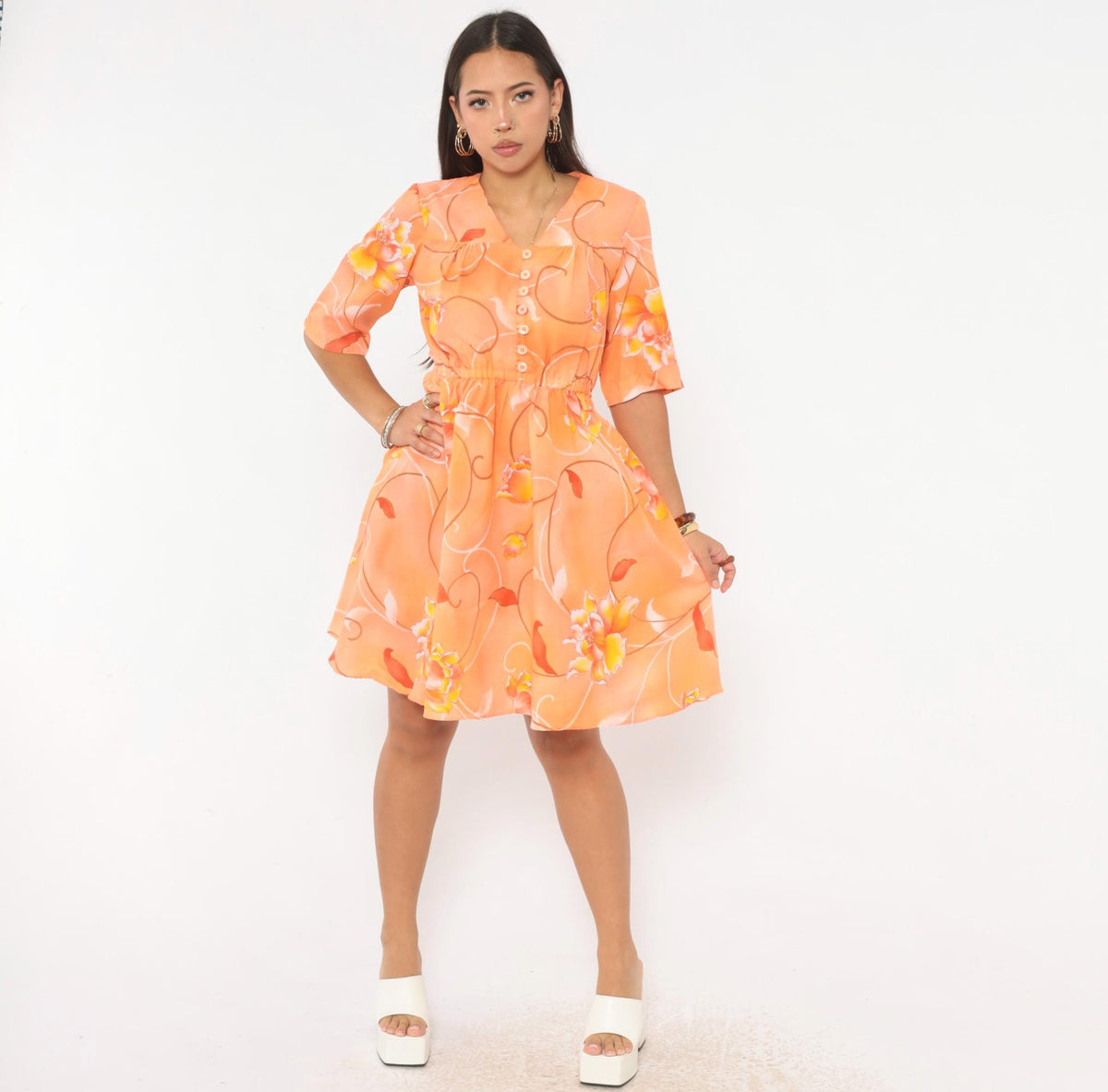 90s Orange Floral Knee-Length Dress V-Neck Button Front A-Line Medium M