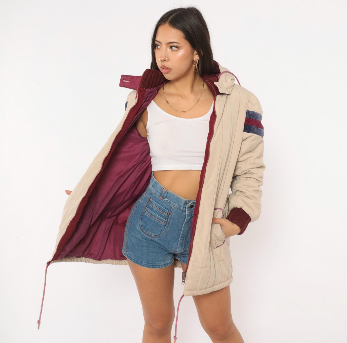 80s JC Penney Cream Puffer Coat Hooded Quilted Ski Jacket Small