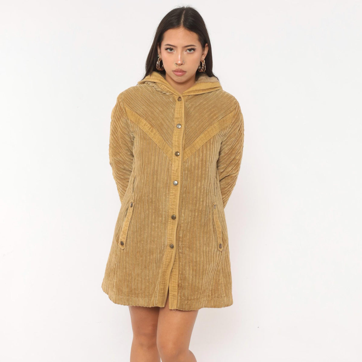 70s Rovercoat Arthur Jay Corduroy Hooded Coat Beige Wide Wale Faux Fur Lined Small S