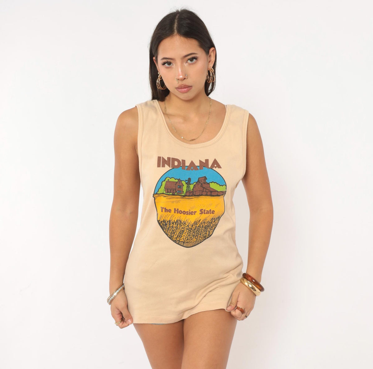 80s Indiana Hoosier State Souvenir Tank Top Tan Graphic Small