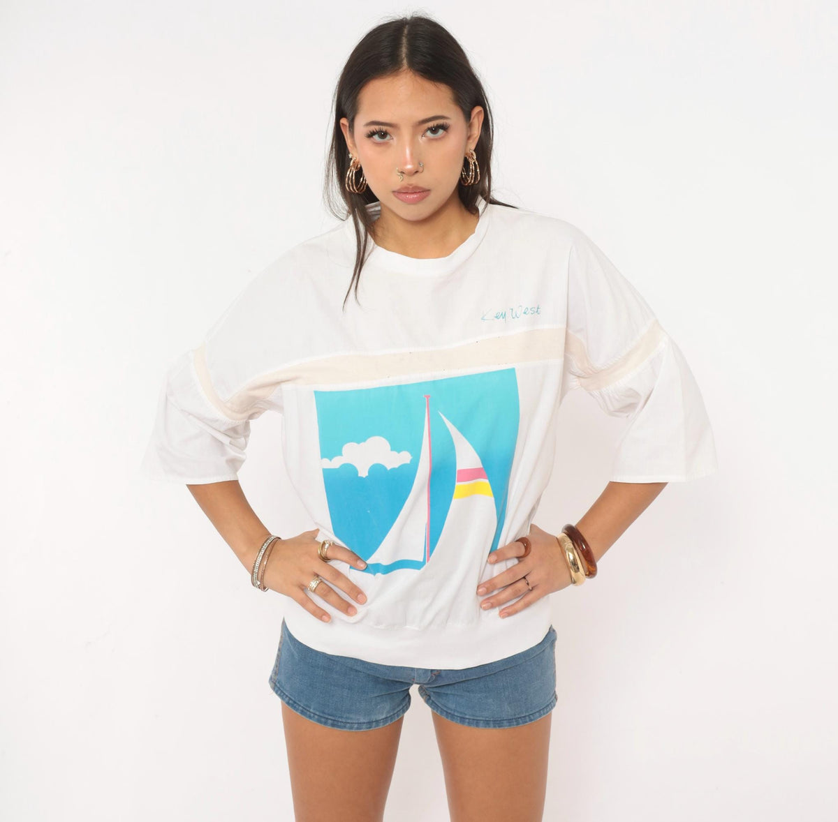 80s Raz Key West Sailboat Graphic Tee White Three Quarter Sleeve Large